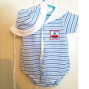 New Baby Sun Outfit w/Hat Little Miracles Blue & White Stripes 6 to 9 Months